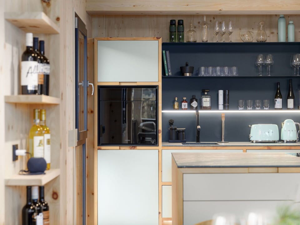 Kitchen, Interior Design, Kitchen Appliance, Furniture, Wood, Shelving, Shelf, Flooring, Countertop, Major Appliance