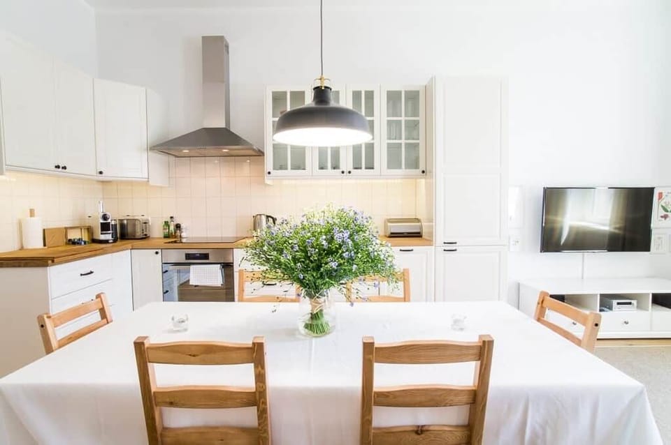 Fully equipped kitchen with fridge, freezer, oven, microwave and dishwasher