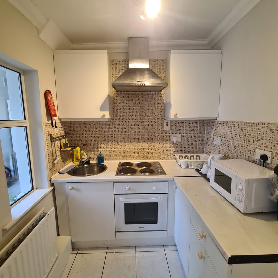 Bright, fully equipped kitchen with oven, cooktop, microwave, and window light