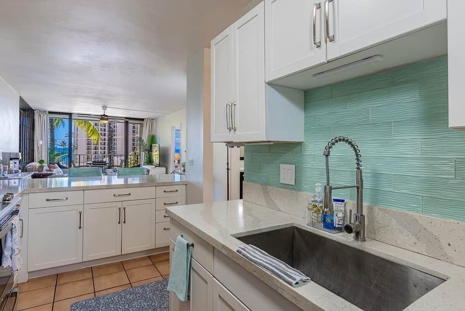 Beachy bright kitchen equipped for effortless island cooking