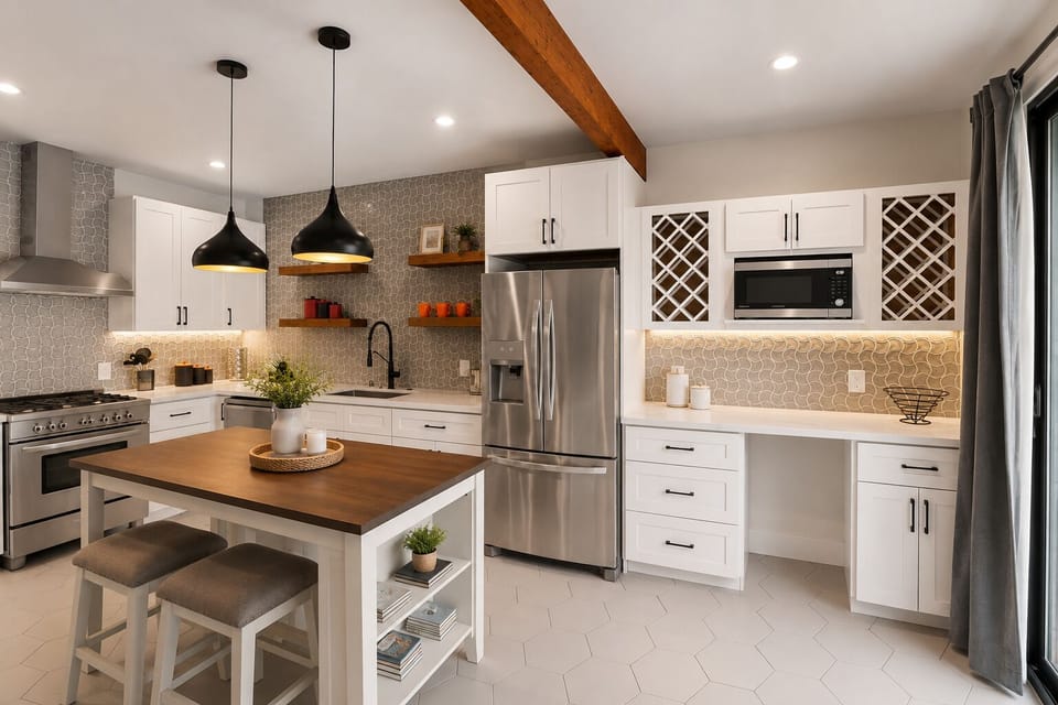 Bright modern kitchen with island seating, wine storage, and stainless appliances