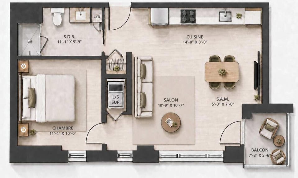 Visualisez votre séjour en un coup d’œil : chambre confortable, cuisine ouverte, salon convivial, salle à manger et balcon privé — un aménagement pratique et chaleureux pour profiter pleinement de chaque moment.