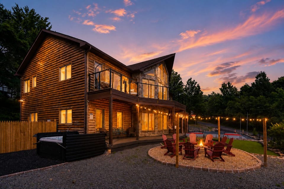 Log cabin retreat with hot tub, fire pit, and glowing sunset views