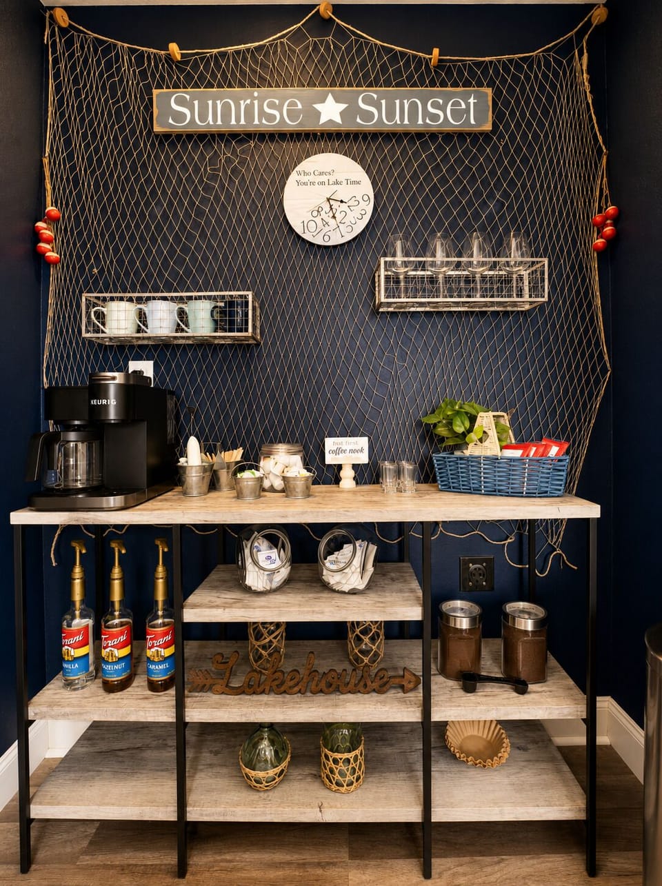 Charming coastal coffee bar with rustic shelving and guest-ready drink station