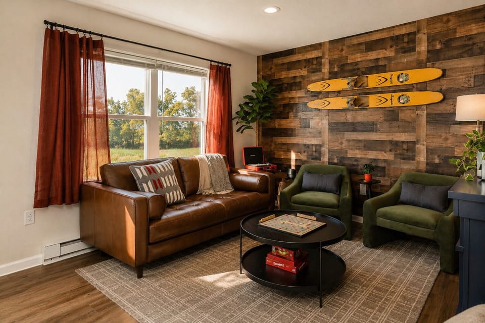 Cozy rustic lounge with sunny window, leather sofa, and stylish wood accent wall