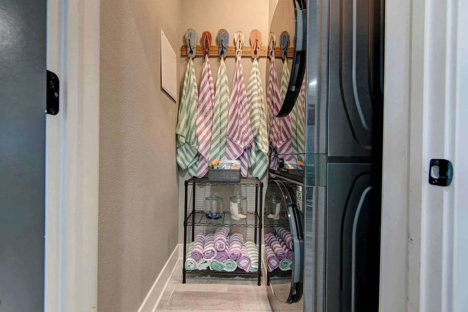 A full-size stackable washer and dryer are available for your convenience, making it easy to freshen up clothes, towels, and swimsuits during your stay. Pool towels to use for the Indoor Pool Amenities