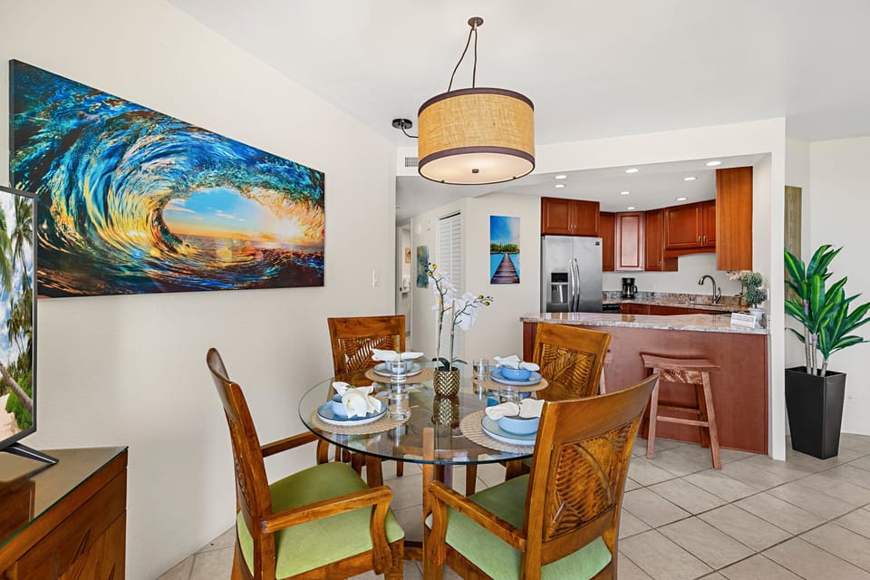 Gather around the dining table for meals, games, or planning your Maui adventures.