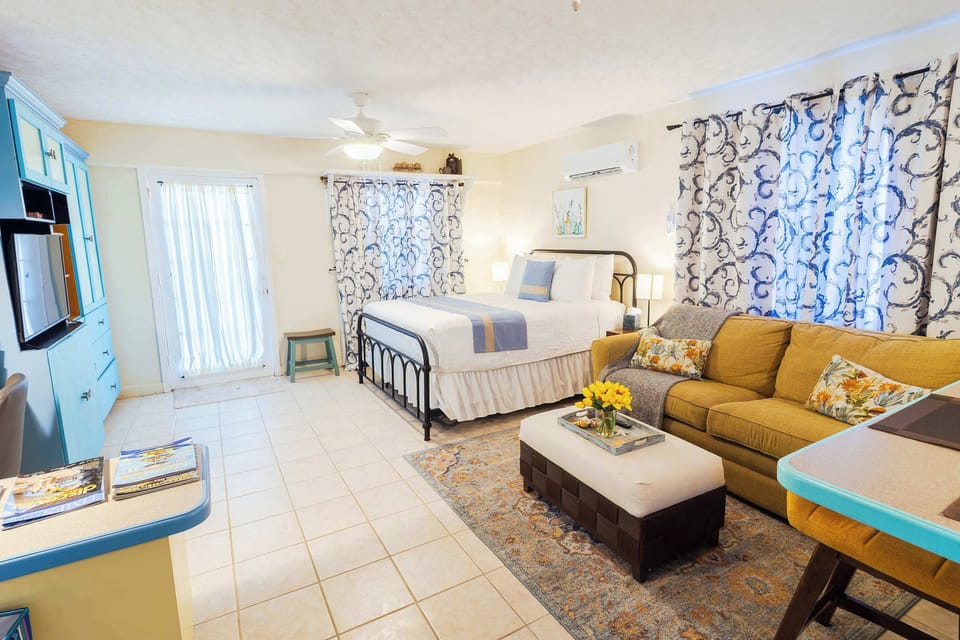 Queen bed and sofa bed, bright and airy studio layout