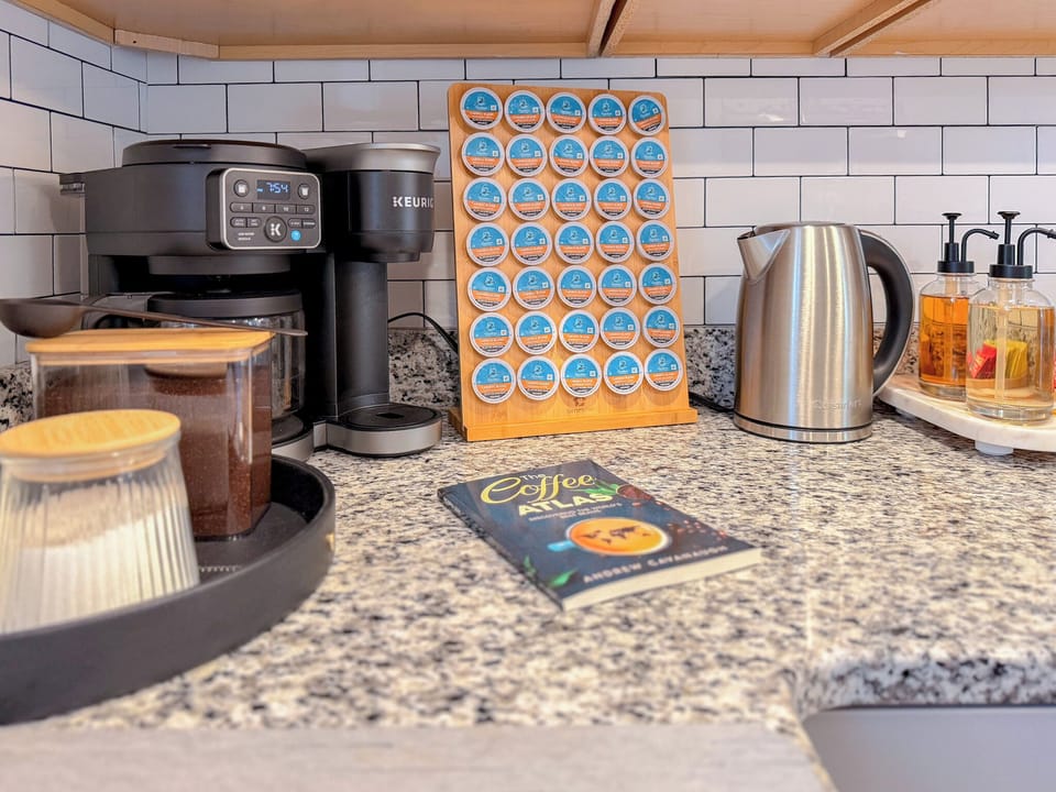 Coffee station stocked with essentials to start your day right.