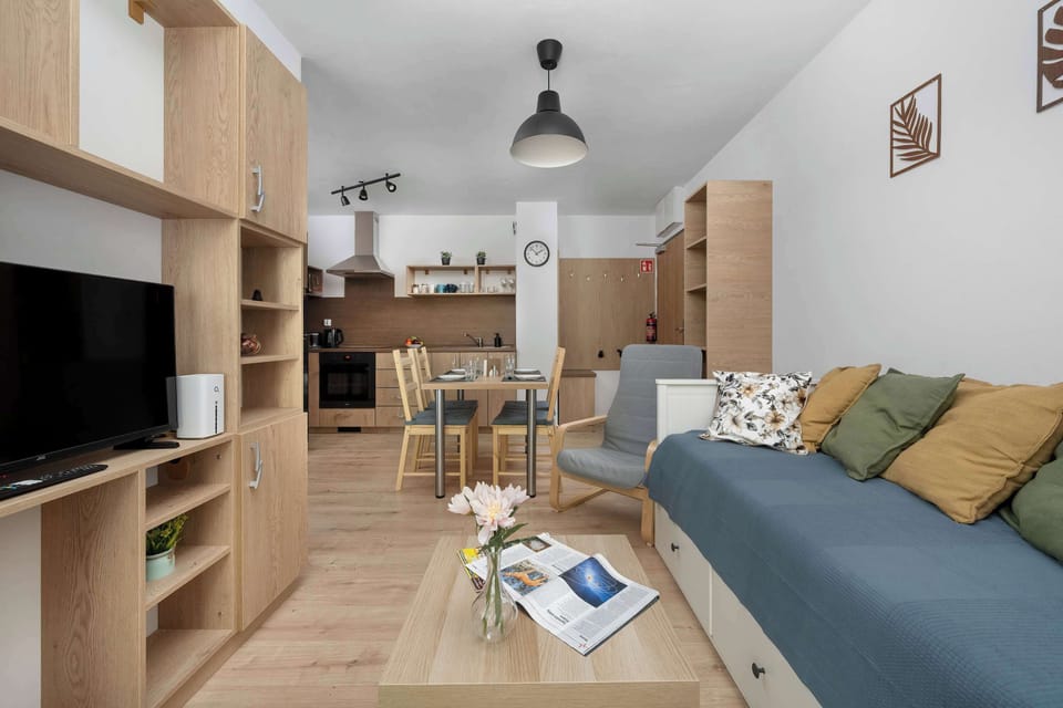An open-plan living area combines a comfortable seating space with a dining section. A sofa faces a wooden TV unit, with the kitchenette seamlessly connected in the background.