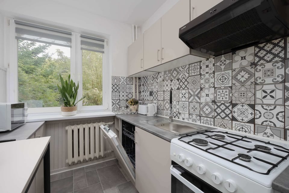 Modern kitchen with a gas cooktop, oven, and practical countertop space.