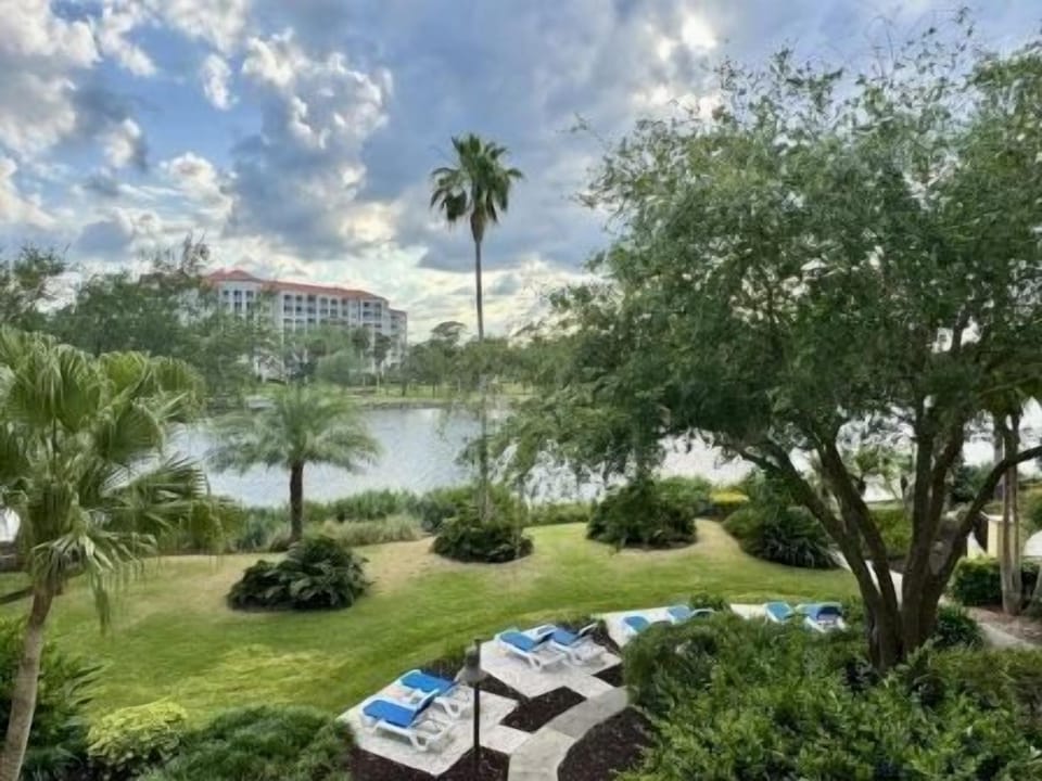Outdoor area with palm trees and lounge chairs steps from the waterway and community pool