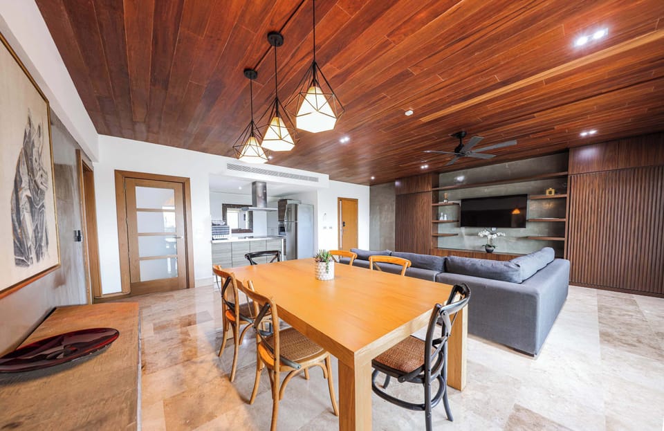 Warm dining area and living room.