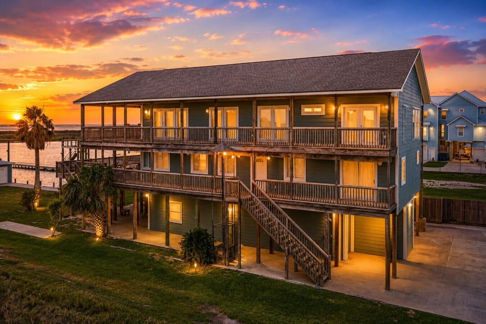 Expansive outdoor spaces with multiple decks, dining areas, and waterfront views from every level.Multi-level waterfront home with private dock access, spacious outdoor living, and room for large groups.