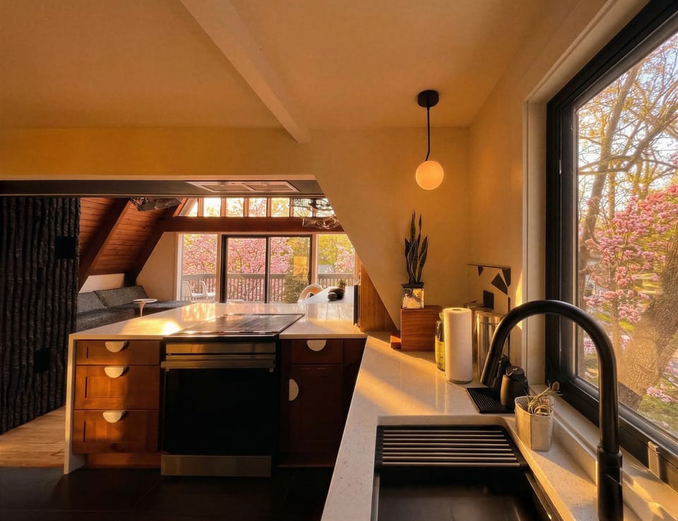 The kitchen is fully stocked with everything needed for weekend breakfasts or family dinners.