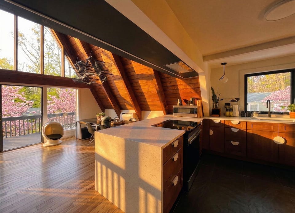 A fully equipped kitchen overlooking the living space, perfect for cooking together.
