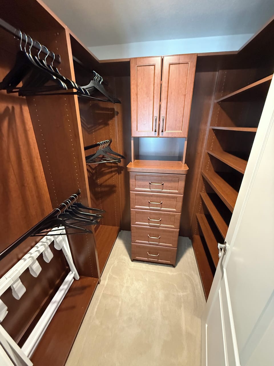 Queen primary suite’s walk-in closet.