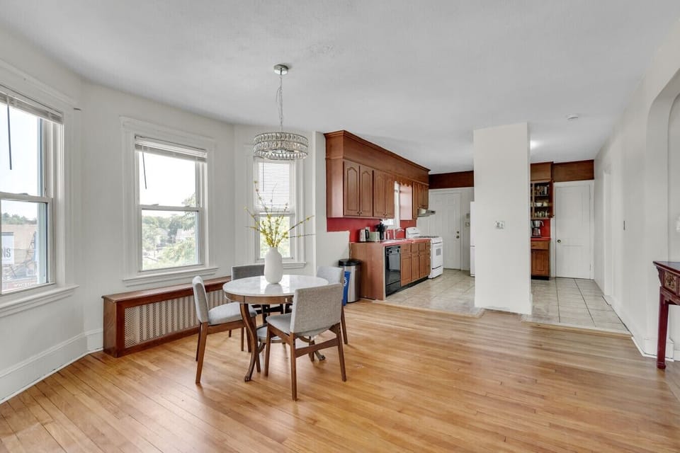 Dining area with an Article marble dining table set