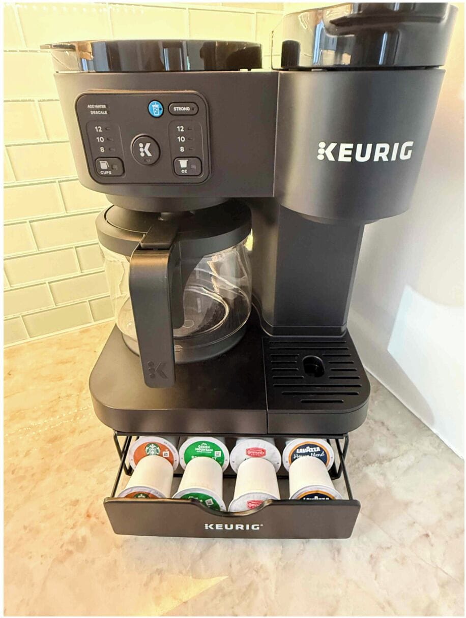 Full coffee pot or Single Serve option, with a generous starter supply of k-cups