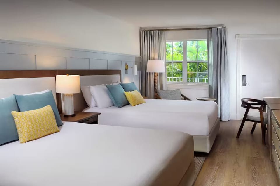 Settle in comfortably with two queen beds and garden light.