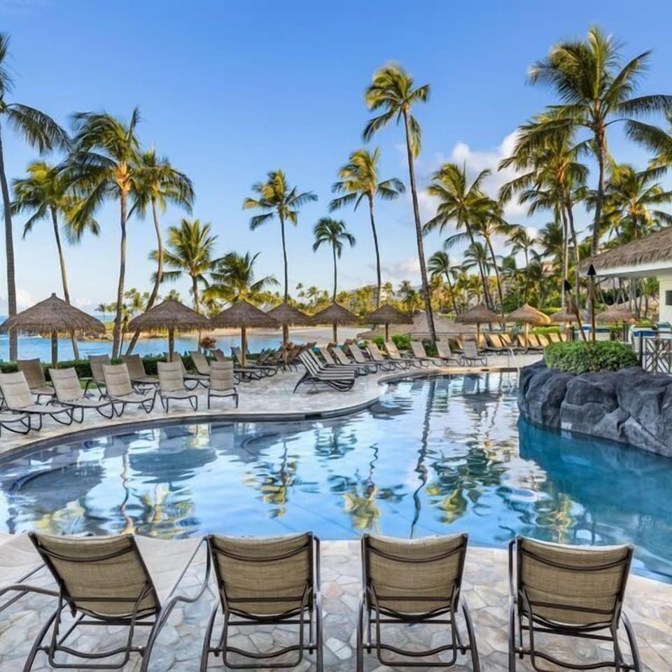 Tropical pool oasis with palm views, loungers, and serene island vibes