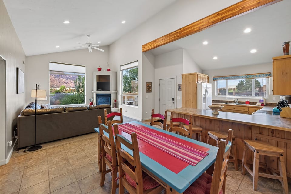 Open living area with plenty of living room and dining seating.