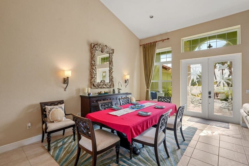 Dine in this open concept living and dining room