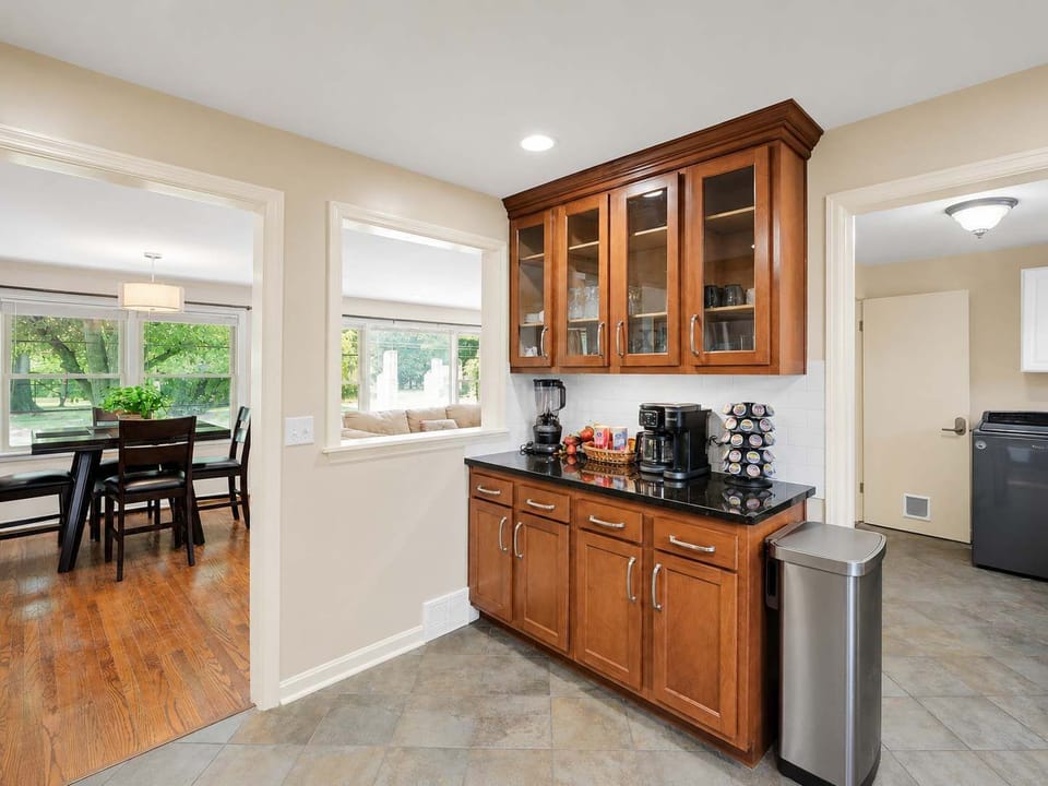 
Spacious open-concept kitchen with coffee station