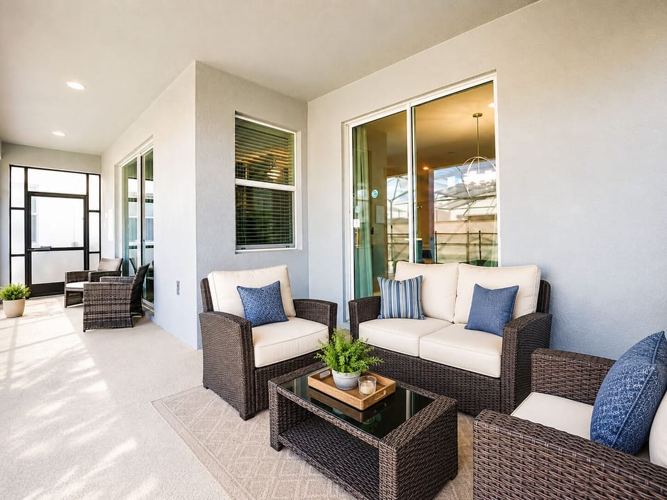 Covered patio with stylish lounge seating for relaxing outdoor gatherings