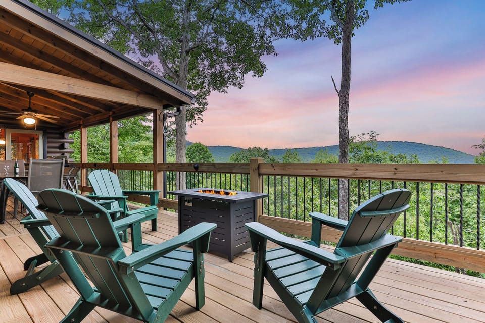Gather around the gas firepit and take in the mountain views