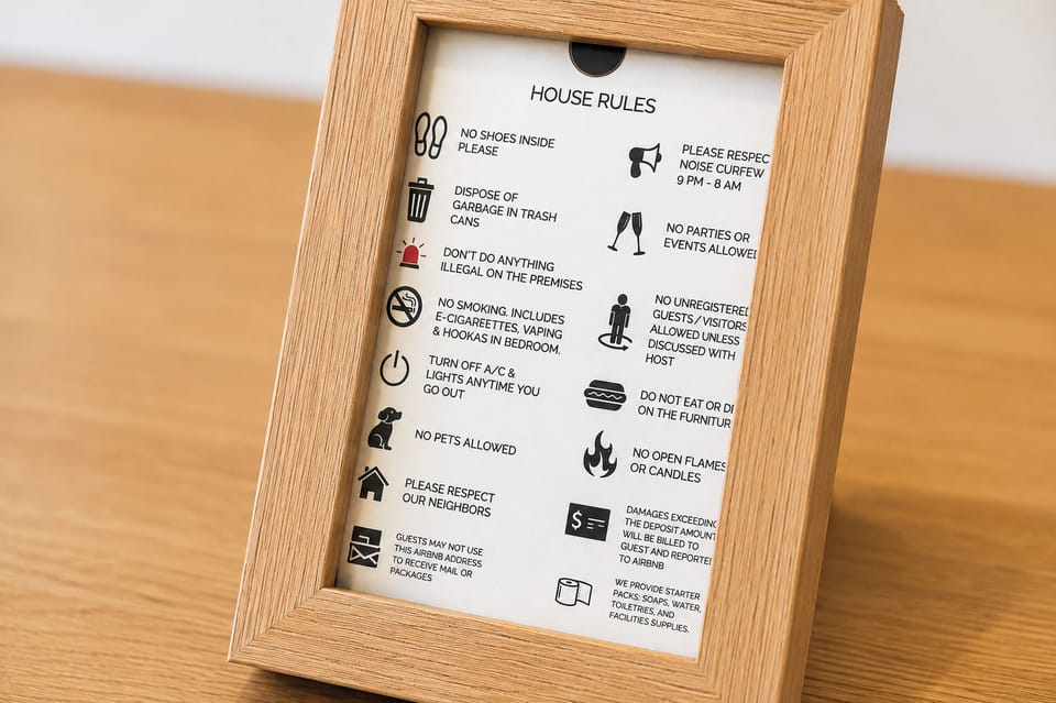 Framed house rules sign for a well-managed and guest-friendly stay