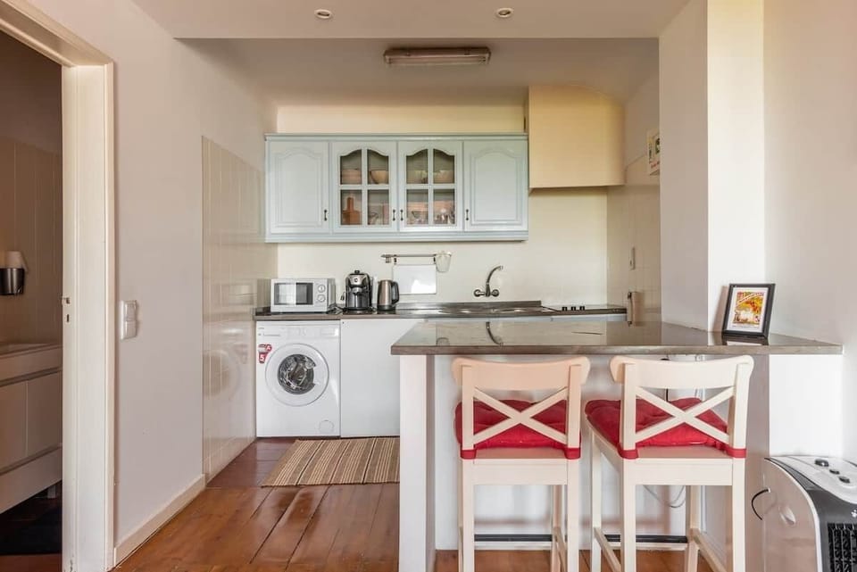 Kitchen equipped with electric stove, washing machine, microwave, water heater, fridge (not visible)