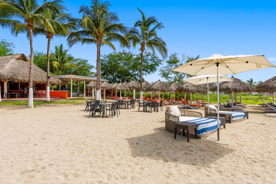 Expansive view of the sandy beachfront club featuring plush daybeds under large umbrellas, outdoor dining sets, rows of palapas, and a lively beach bar shaded by tall palm trees.
