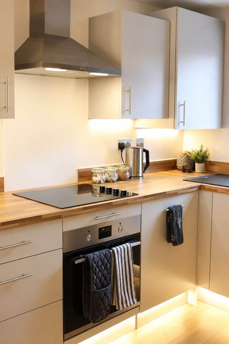 The fully equipped kitchen includes a single oven, four-burner hob, kettle, toaster and dishwasher, providing everything you need to prepare meals and enjoy a comfortable stay.
