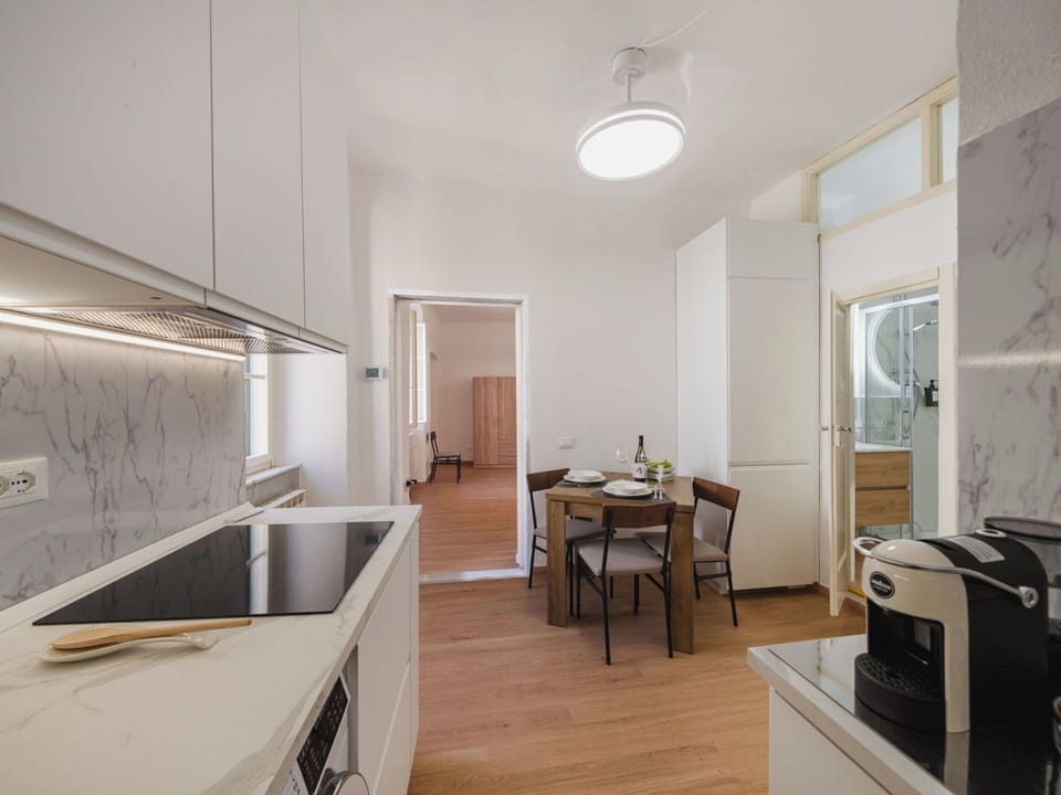 Interior Design, Flooring, Furniture, Floor, Wood, Kitchen, Ceiling, Countertop, Kitchen Appliance, Room