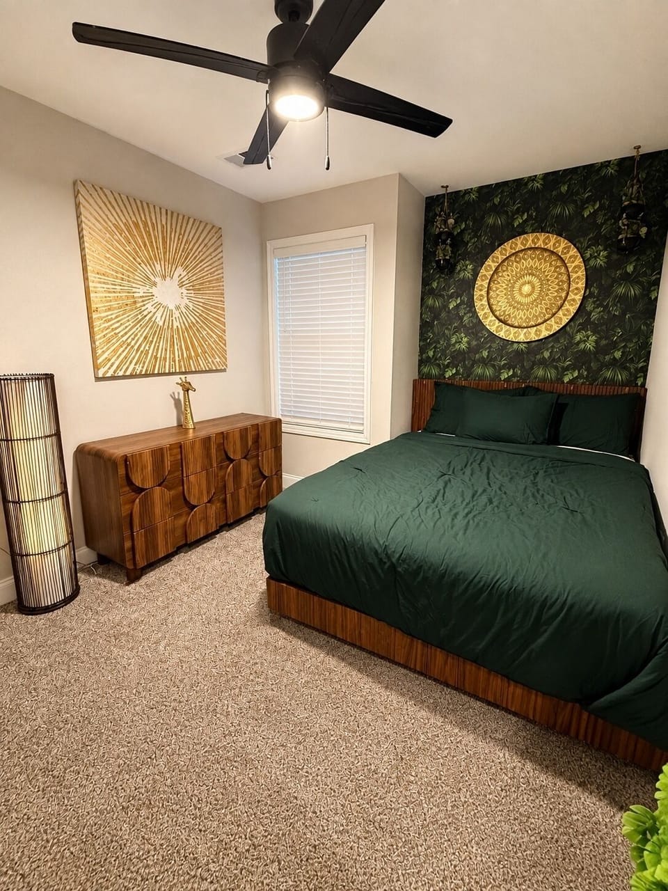 Cozy, stylish bedroom with rich wood accents and serene botanical decor