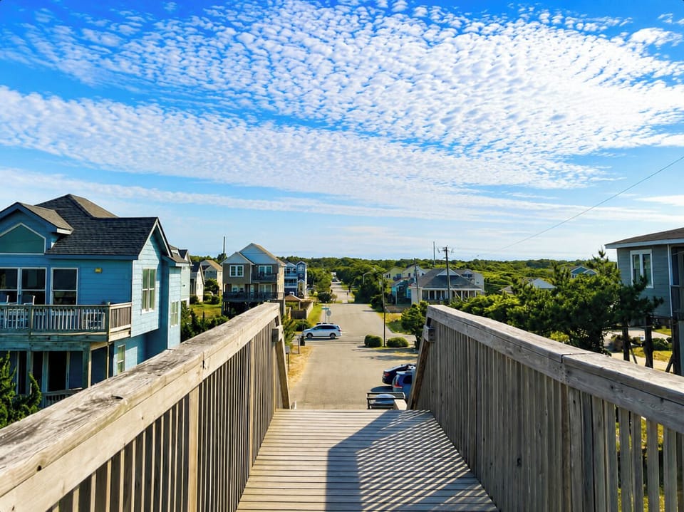 View from the beach access looking toward our house. We are the one just past the end of the parking lot.