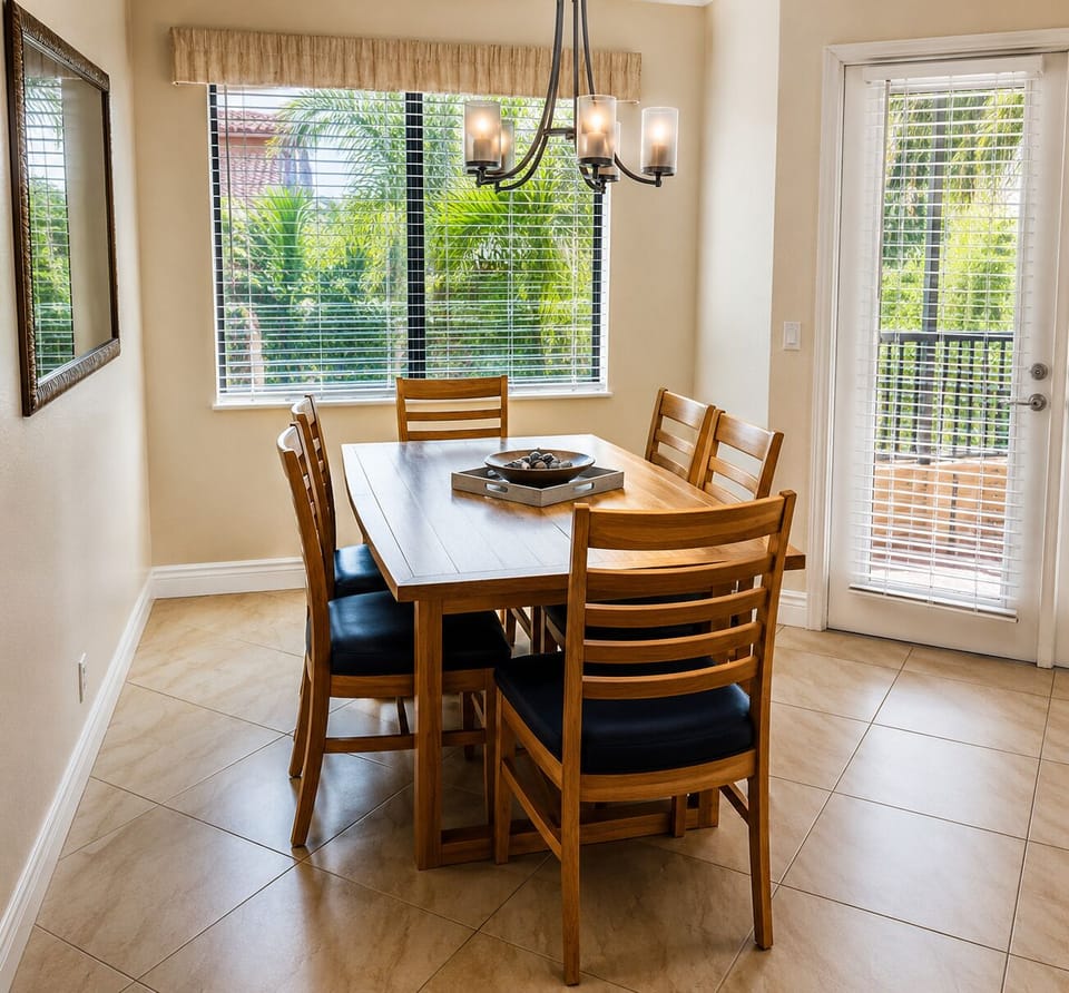 Bright dining nook for 6 with tropical views and abundant natural light