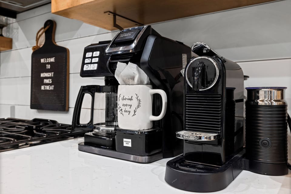 Everything you need for cozy coffee mornings without leaving the cabin - Pods and Grounds Coffee Maker, and Espresso.