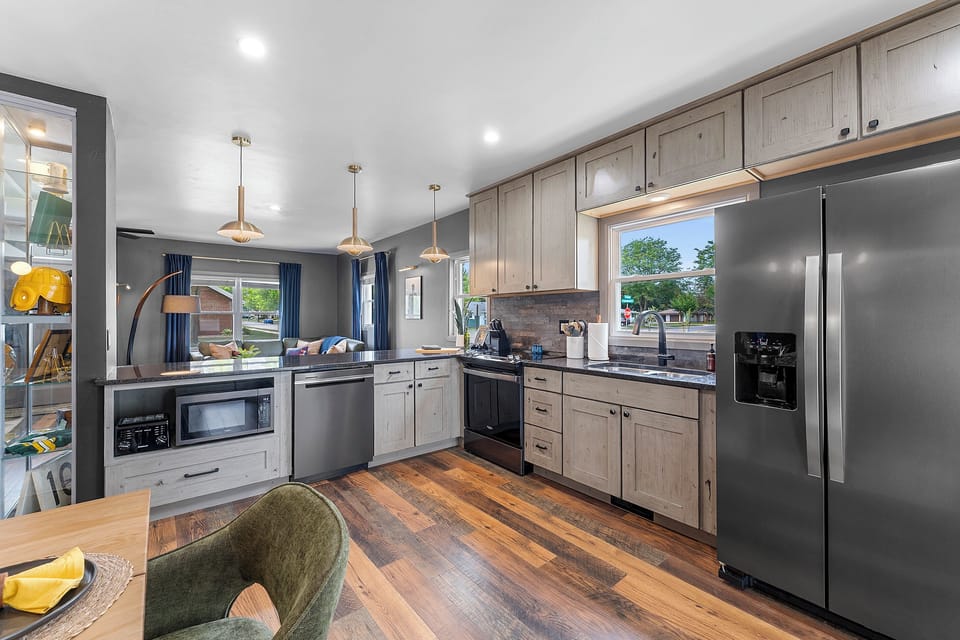 Fully equipped kitchen with full-size appliances and plenty of space for group stays.