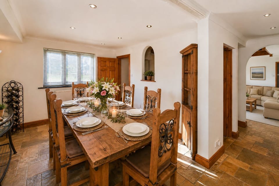 Antique oak dining room with seating for up to ten guests. 