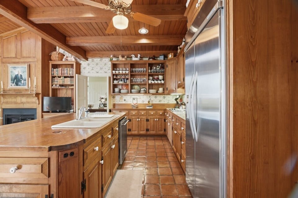 Main House Kitchen | Stainless Steel Appliances | Ceiling Fan & Open Shelving