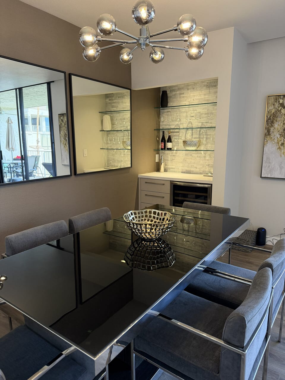 Dining area + bar with premium wine fridge