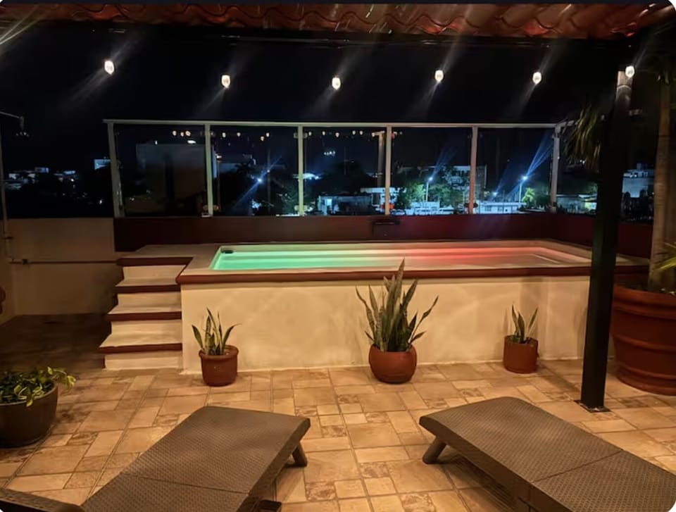 Rooftop, pool area. 