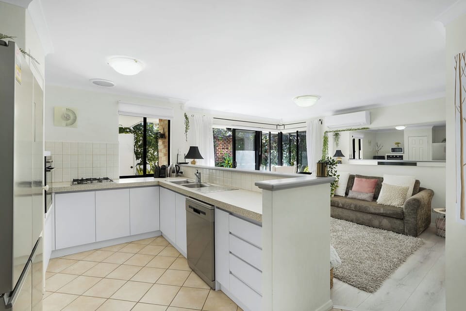 Overview of the kitchen area and lounge 