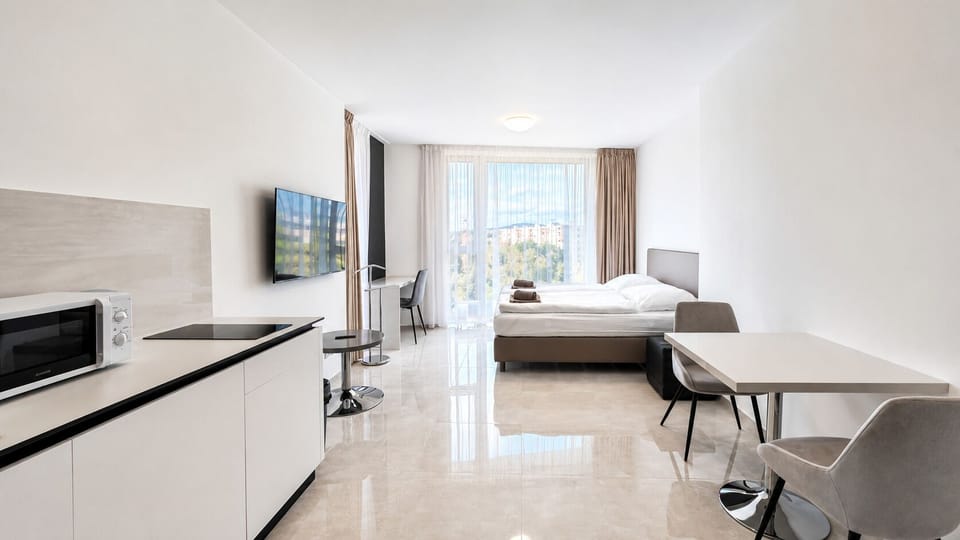 Bright modern studio with kitchenette, dining nook, and sunny balcony doors