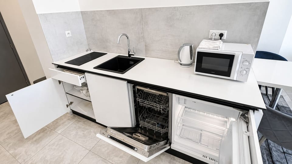 Modern kitchenette with dishwasher, mini fridge, and sleek finishes