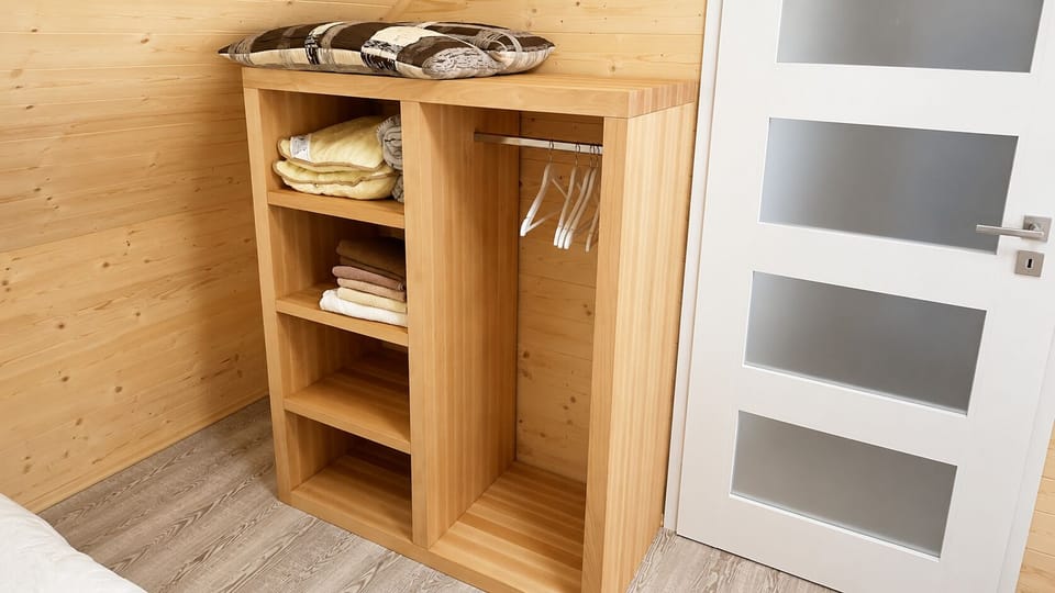 Cozy wood-paneled room with open wardrobe and handy storage