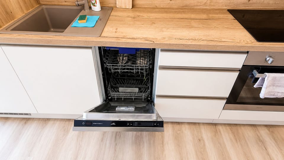 Modern kitchenette with dishwasher, stovetop, and sleek built-in appliances