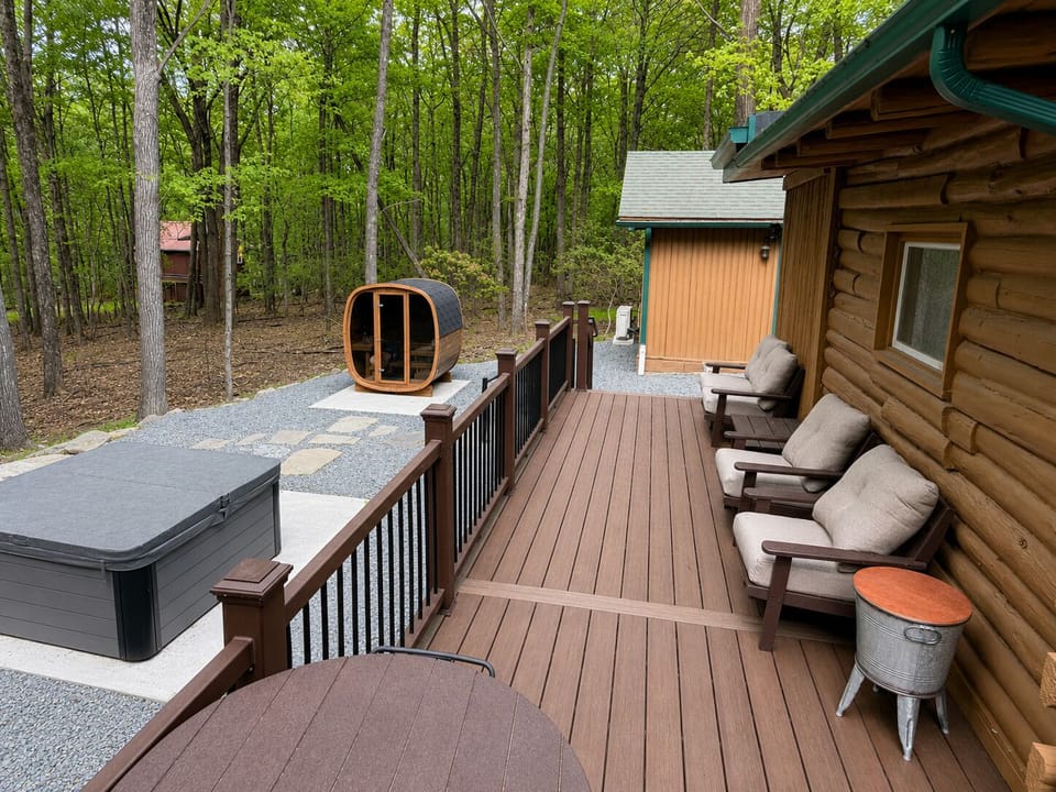 Enjoy a cup of joe and a view of the woods on the Deck.